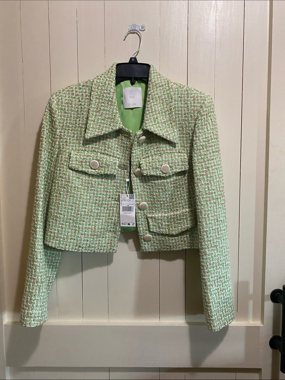 NWT Mango Green Checked Cropped Tweed Jacket Blazer Medium Metallic Gold Lurex